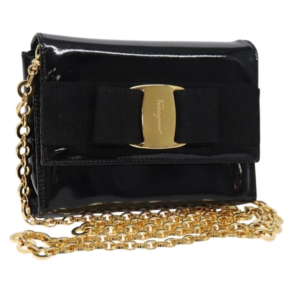 Authentic Salvatore Ferragamo Chain Shoulder Bag Enamel Black Gold